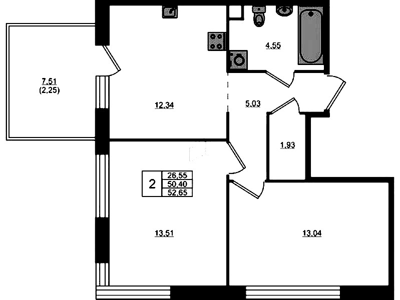 2-комнатная квартира 50.4 м², 1/5 эт., ЖК «Plus Пулковский»